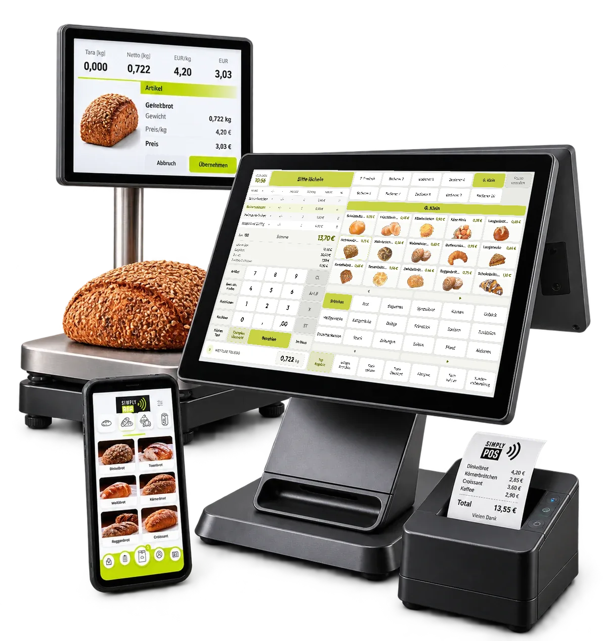 Simply&nbsp;POS Kassensystem im Überblick: Touchscreen-Kasse mit der Simply&nbsp;POS Bedienoberfläche, Waage mit Kundendisplay, Smartphone-App und Bondrucker