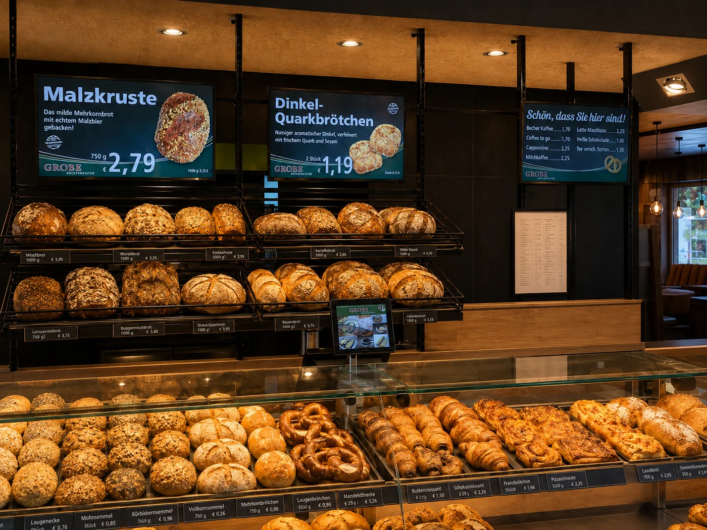 Digitale Bildschirmwerbung über der Theke der Bäckerei Grobe